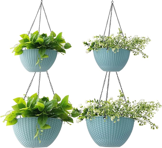 Hanging Planters for Outdoor Plants 8/10 Inch, 4 Packs Hanging Flower Pot Indoor with Drainage Holes, Self-Watering Hanging Basket Perfect for Home, Office and Garden (Sky Blue)