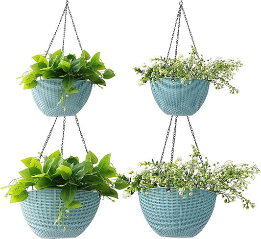 Hanging Planters for Outdoor Plants 8/10 Inch, 4 Packs Hanging Flower Pot Indoor with Drainage Holes, Self-Watering Hanging Basket Perfect for Home, Office and Garden (Sky Blue)