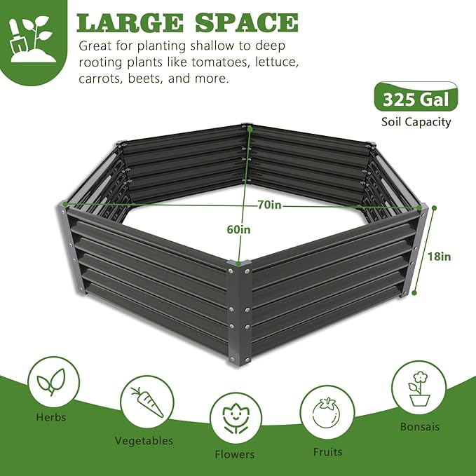 A ANLEOLIFE Hexagon Galvanized Metal Raised Garden Bed Outdoor, 70x60x18in Deep Metal Planter Box for Flowers, Herbs & Vegetables, 18'' Tall Decorative Raised Bed, Quartz Grey