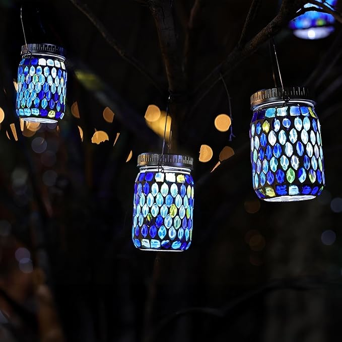 Cooo 2 Pack Mosaic Lanterns Outdoor Waterproof with 215% Larger Solar Panel, Never Rust Lids, True Capacity Battery- Solar Mason Mosaics Jar Lantern for Patio Garden Yard Balcony Christmas Decorations