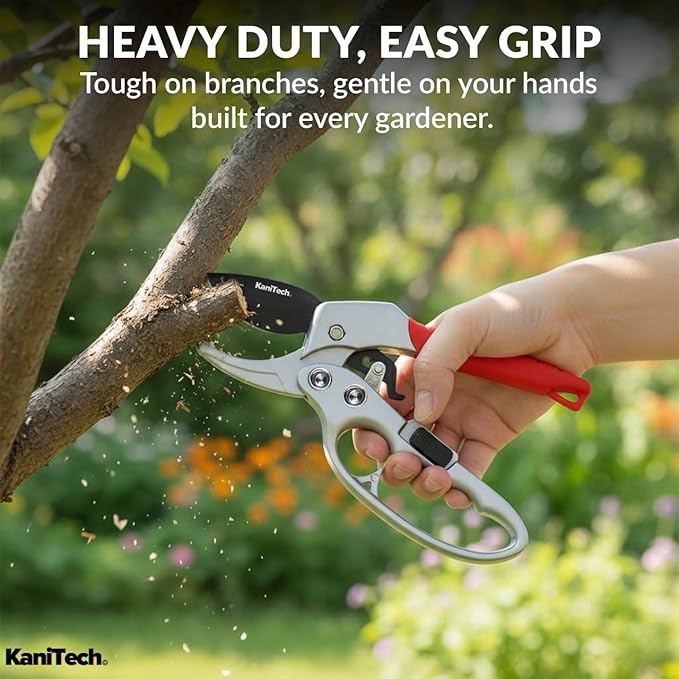 KaniTech Pruning Shears for Gardening with Gloves - Heavy Duty Garden Shears, Aluminum Hand Pruners with TPR Grip Handle, 8 inch 3.55mm Thick Blade - for Branches, Flowers & Plants (Red)