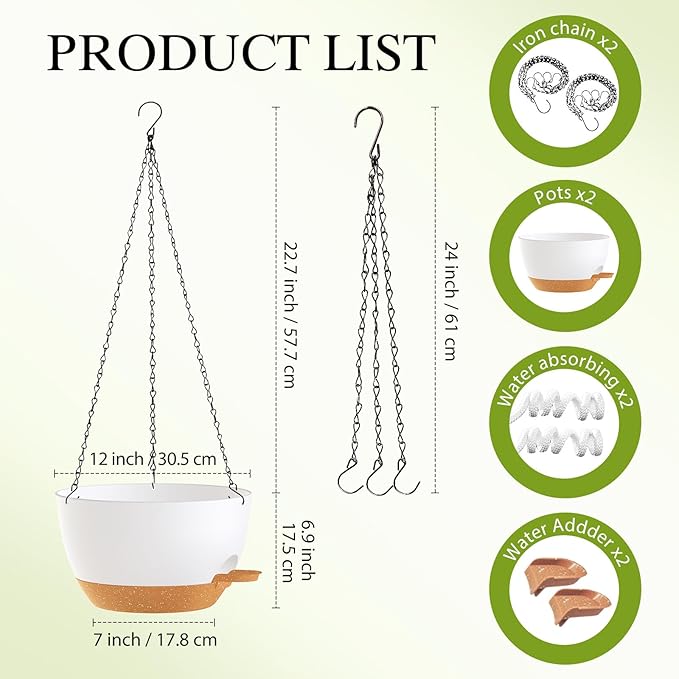 12 Inch Hanging Baskets 2 PC with Chains, Self-Watering Hanging Planters for Indoor Outdoor Plants, Plastic Hanging Flower Pots,White Brown