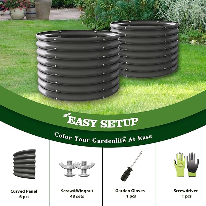 A ANLEOLIFE 6-Pack 3ft x 24” Tall Galvanized Raised Garden Beds Outdoor, Round Metal Planter Box for Planting Vegetables Flowers Herb, Anti-Rust & Easy-Setup, Quartz Grey