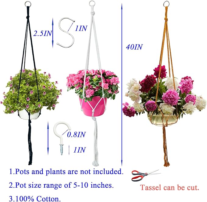 Macrame Plant Hangers Planter Flower Pots Holder 3 Pack Basket Stand Tassels with 6 Hooks Kit Cotton Rope for Decorative Indoor Outdoor Patio Garden Boho Home Décor (POTS NOT Included) (BLACK)