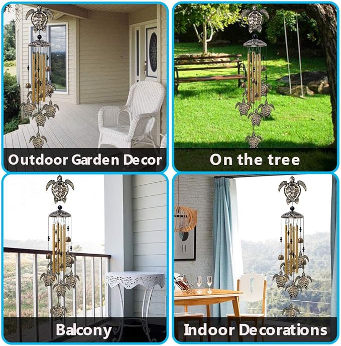 Garden Sea Turtle Wind Chimes Outdoor Decor - with 4 Tubes 6 Bells 7 Turtles Mobile Romantic Wind Catcher, Tortoise Wind Chime for Home, Xmas Mom Gifts, Festival, Balcony, Tree, Garden Decoration