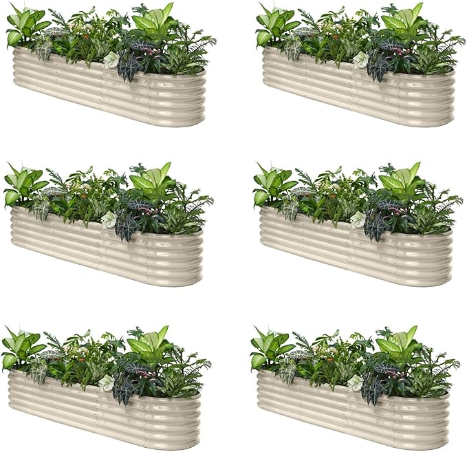 Annoell 6-Pack Galvanized Raised Garden Bed 8x2x1.5 ft, 17" Tall Planter Boxes Outdoor, Zn-Al-Mg Metal Raised Beds for Gardening Herb Fruit Vegetable, Modular Flower Bed for Outdoor Plants-Sand Beige