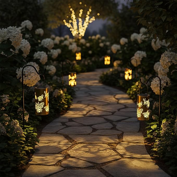 12.8" Large Size 2-Pack Outdoor Solar Lanterns Waterproof Metal Bee Patterns Garden Decor Gifts for Women Mom Grandma Hanging Solar Lanterns for Outside Yard, Patio, Backyard, Porch