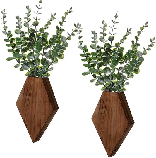 Chunful 2 Pcs Wooden Wall Planter Decor Hanging Fake Plants Greenery Flowers Holder Vase Boxes for Wall Bohemian Farmhouse Room Kitchen Office Indoor Decoration(Walnut Color,7.1 x 4.7 x 1.2 Inches)