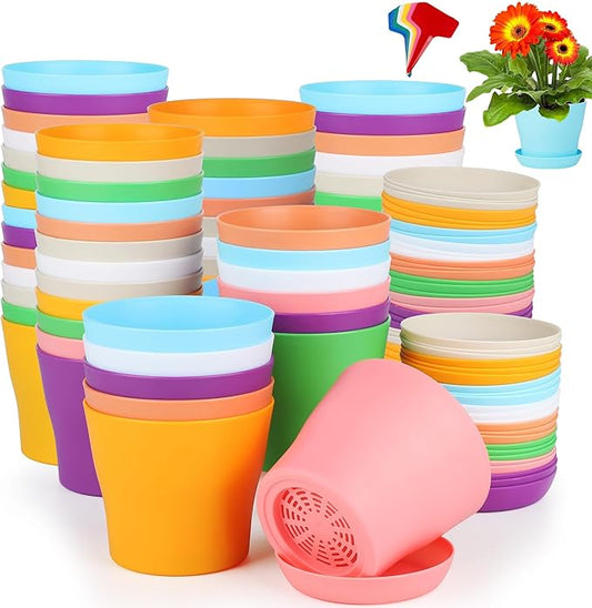 Aodaer 72 Pack 4 Inch Plastic Flowerpot with Multiple Drainage Holes and Tray Indoor Outdoor Flower Plant Nursery Pots with Labels Flower Seedling Pots for Herb Garden Home Succulents, Assorted Colors
