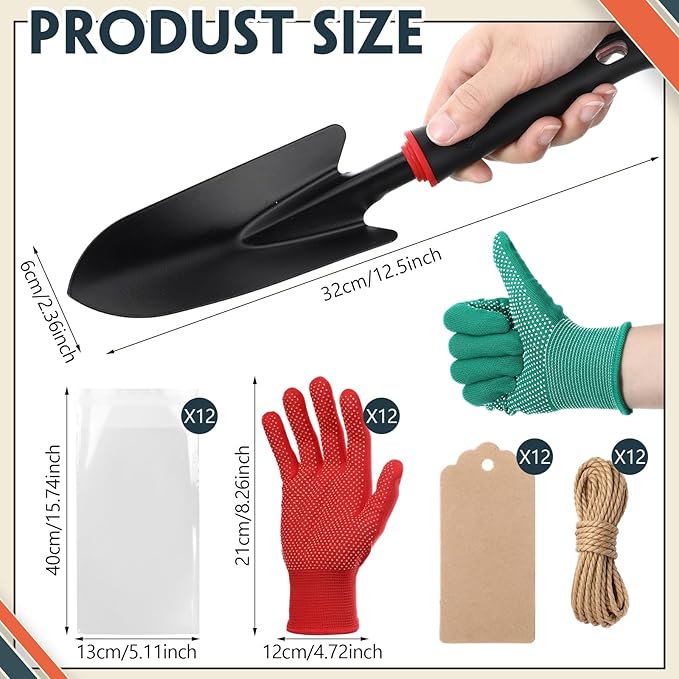 Therwen 12 Pcs Christmas Shovel Gloves Gifts Set with Bag Bow Tie Blank Tags Heavy Duty Garden Hand Shovel Anti-Slip Dots Gloves for Yard Lawn Farm Planting Tool Christmas Spring Planting Lover Gifts
