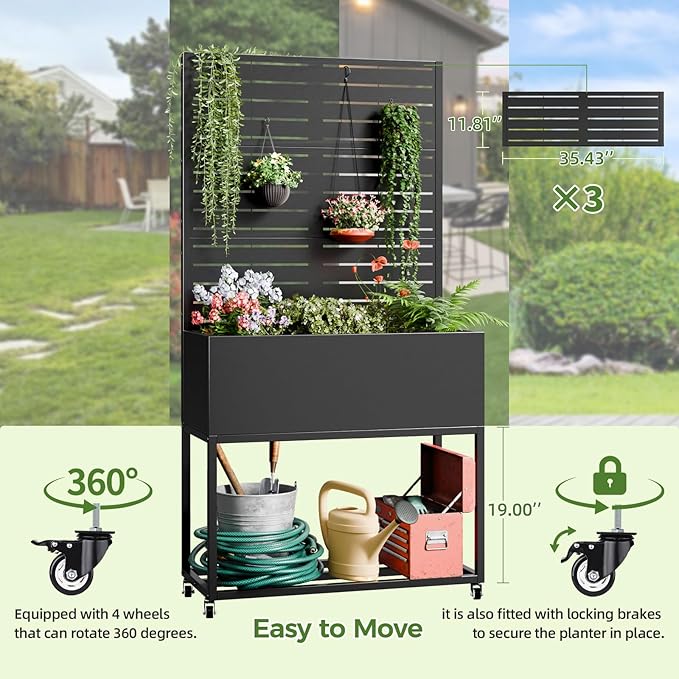 Metal Planter Box with Trellis,67" H x35 W Raised Garden Beds with Privacy Screen for Climbing Plants Flower, Elevated Standing Planter Garden Bed with Drainage Holes for Outdoor Patio,Black