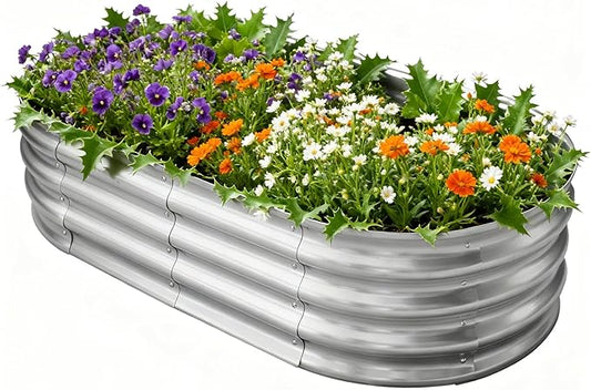 TATAANTY Galvanized Raised Garden Bed for Outdoor: 4X2X1ft Durable Metal Vegetable Plant Container Kit - Oval Planter Box for Gardening Flower Trough