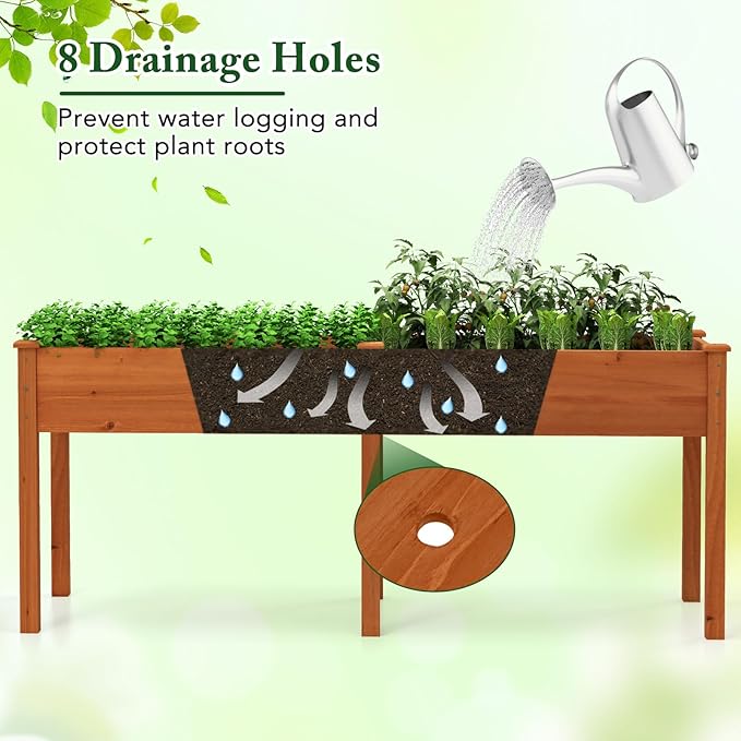Raised Garden Bed with Legs, Elevated Planter Box with Divider & 8 Drainage Holes, Fir Wood Garden Box for Vegetables, Flowers, Fruits & Herbs (Brown Yellow)