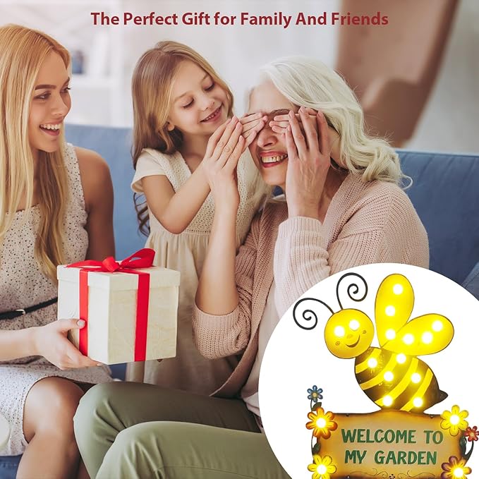 Large Yard Stakes 44.8" with Welcome to My Garden Sign, Solar Garden Lights Outdoor for Summer Decorations, Waterproof Metal Bee Decorative Yard Stakes