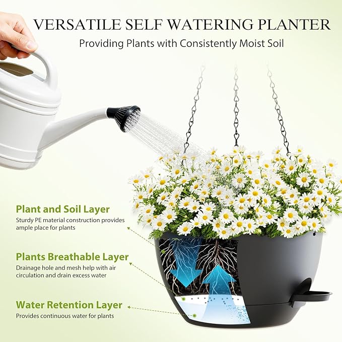 10 Inch Hanging Baskets 2 PC with Chains, Self-Watering Hanging Planters for Indoor Outdoor Plants, Plastic Hanging Flower Pots,Black