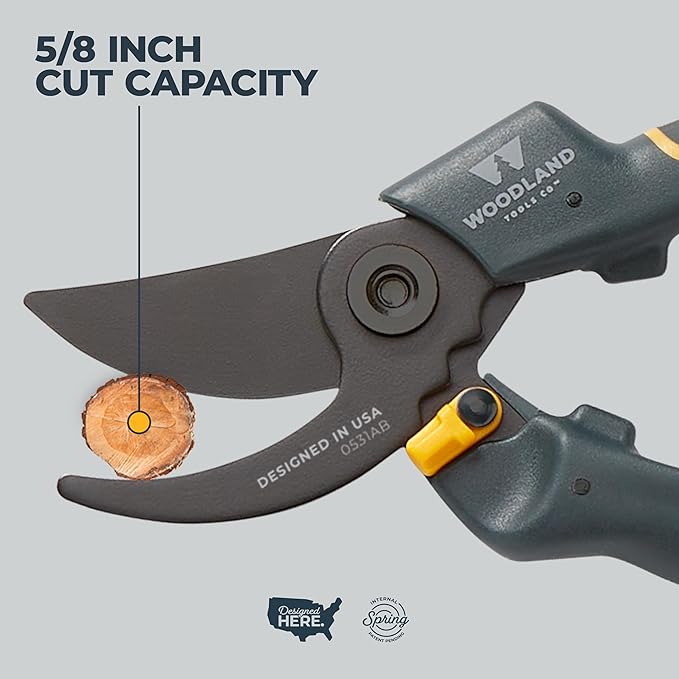 Woodland Tools Co. Duralight Bypass Pruning Shears – 5/8" Cut Capacity, Lightweight Hand Pruner, High Carbon Steel Blade, Adjustable Lock, Internal Spring, Soft Grip Garden Tool for Plants and Shrubs