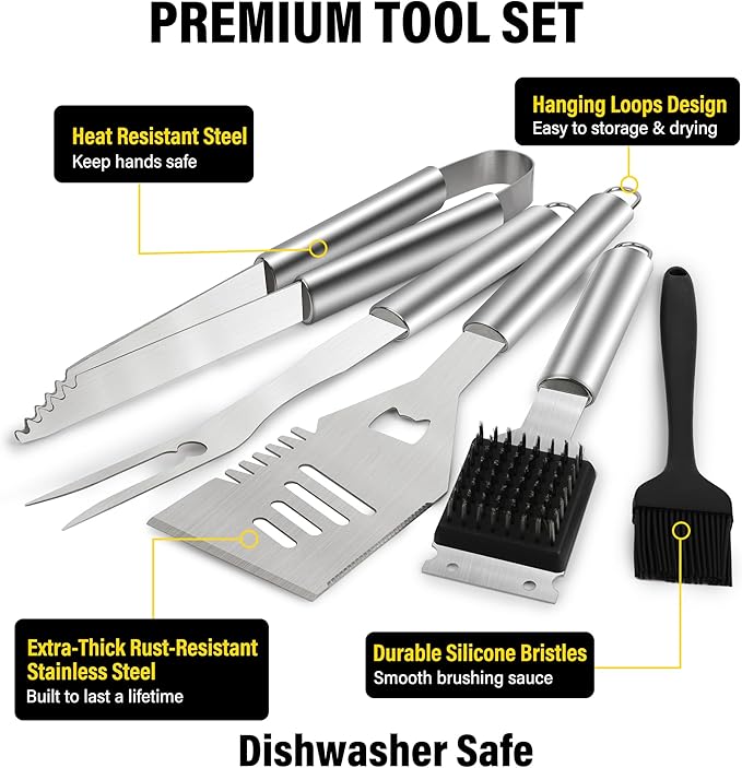 Yekale BBQ Grill Accessories Set, Grill Tools Grilling Accessories Grilling Gifts for Men - Spatula, Fork, Brush, Tongs & Cleaning Brush - Outdoor Barbecue Utensils Gifts for Men Dad Him (Sliver)