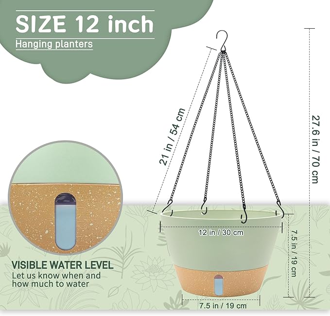 ZMTECH 12 Inch Large Hanging planters for Indoor, 2 Pack Self Watering Plant Pot for Outdoor Garden Porch, Hanging Flower Pot with Visible Water Level & Removable Tray(12Inch, Green)