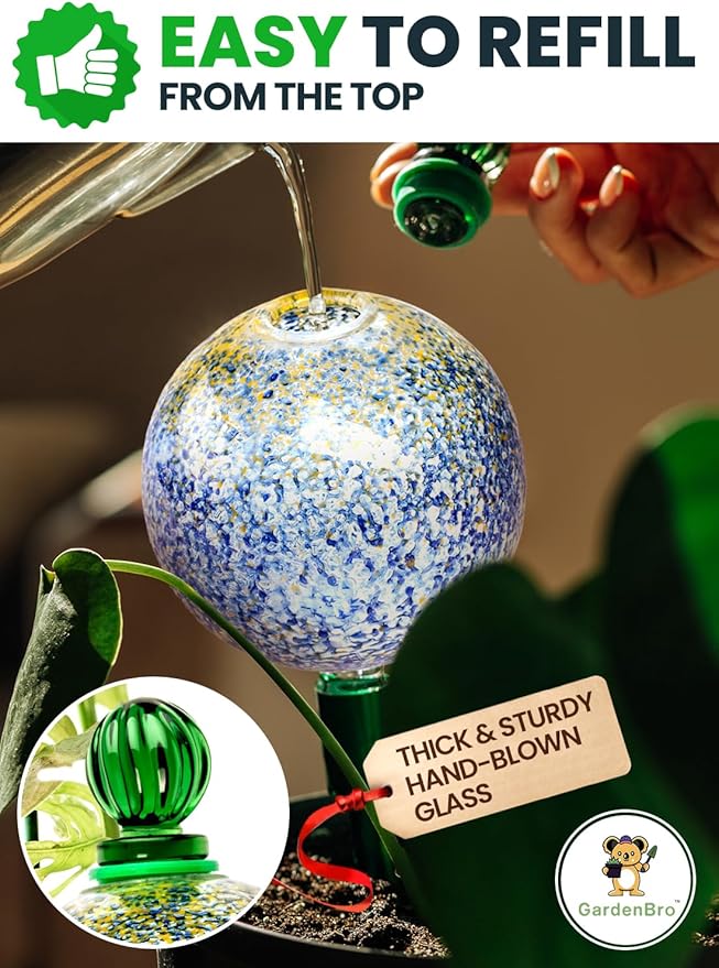 16 Oz Plant Watering Globes for Indoor Plants with Metal Self Watering Planter Insert - Premium XL Glass Hand-Blown Globe - Automatic Plant Waterer Indoor, Gift Idea for Gardener [1 Globe, Blue Gold]