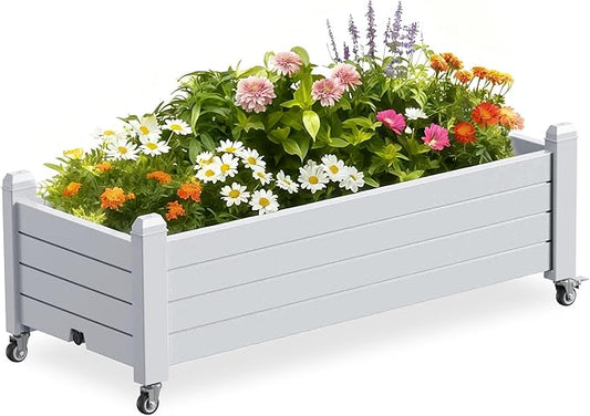 Raised Garden Bed with Wheels, 21 Gallon Self-Watering Outdoor Raised Planter Box with Drainage Plug & Gauge for Vegetables Flowers Herbs, Rustproof Resin for Backyard Patio Porch (Ashen)
