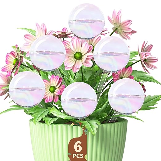 LASZOLA 6 Pcs Rainbow Glass Plant Self-Watering Globe for Indoor Outdoor, House Water Bulb for Small or Large Flower Pot, Iridescent Transparent Decorative Plant Dispenser Ball, Perfect for Vacation