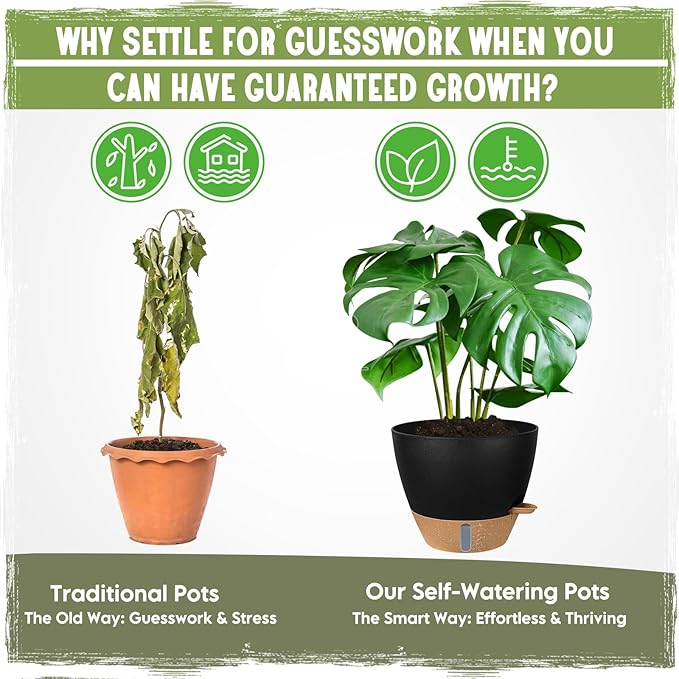 Self-Watering Pots for Indoor Plants 4 Pack, 6/8/10/12 Inch Outdoor Planters with Water Level Indicator&Deep Reservoir, Decorative Flower Pots for Indoor Plants,Home Decor (Black, 12+10+8+6 inch)