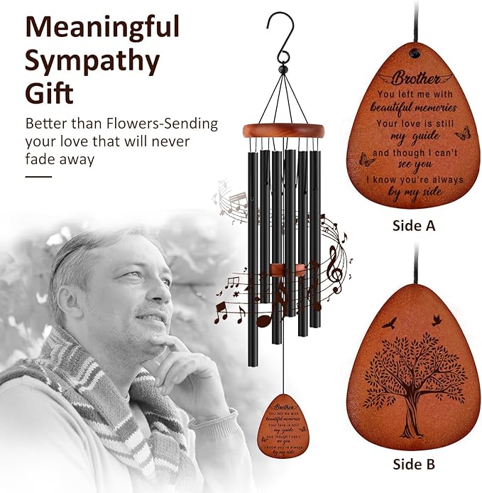Memorial Gifts for Loss of Brother,Memorial Wind Chimes 25'', Loss of Brother Sympathy Gifts, Home Decor Outdoor Garden, Soothing Melodic Tones with Mute Option