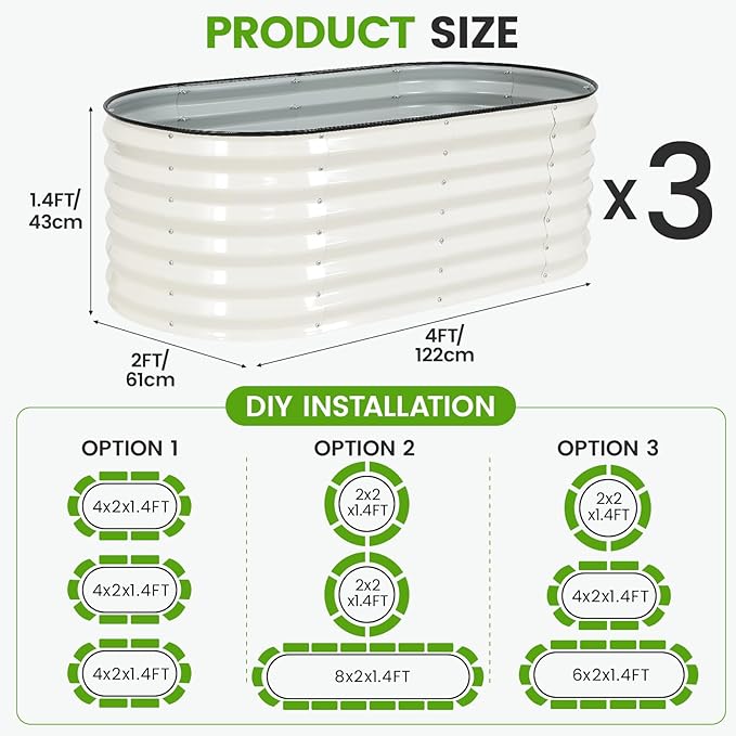Galvanized Raised Garden Bed Outdoor |17'' Tall Planter Box Outdoor for Deep Root Plants | 3Pcs Raised Bed Kit for Gardening with Rubber Strip for Vegetables Flowers Fruits (White, 4x2x1.4FT)