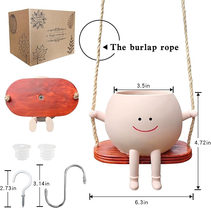 Swing Face Planter Pot with Drainage Holes, Cute Succulent Hanging Planter for Indoor Outdoor Plants, for Plant Lovers and Mothers