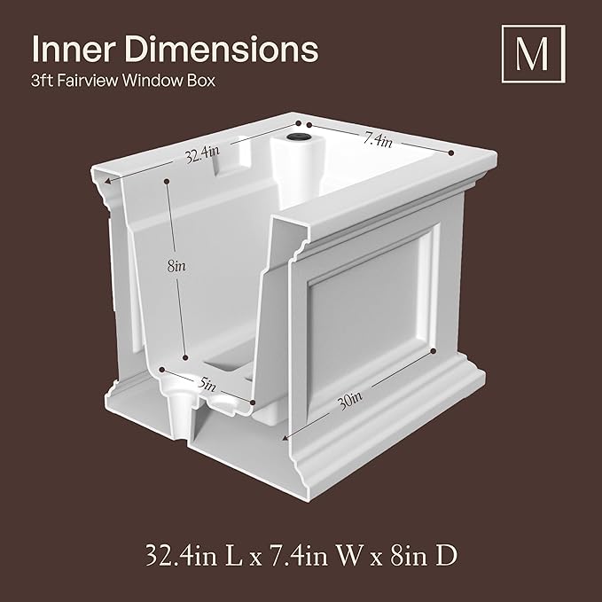 Mayne Fairview 3ft Durable Self Watering Window Box Planter with Wall Mount Brackets, UV & Weather Resistant, Double Wall Design, New England Architecture for Outdoor Décor, White