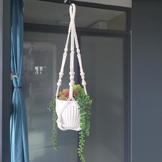 Macrame Plant Hanger 23", Set of 2 No Tassel Hanging Plant Holder Indoor, Sturdy Flower Pot Holder with 4 Hooks - Ivory (Pot NOT Included)
