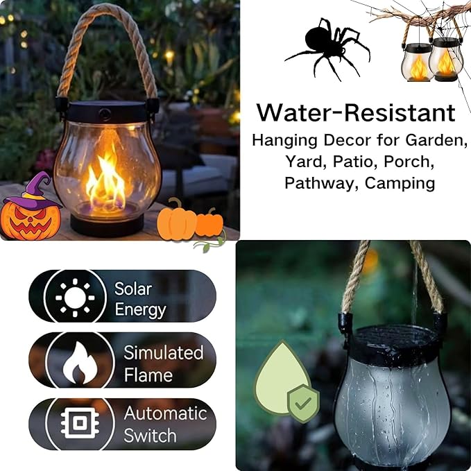 Solar Lantern Outdoor Lights, Flickering LED with Hemp Rope Handle, Dual Charging (Solar & USB), Water-Resistant Hanging Decor for Garden, Yard, Patio, Porch, Pathway, Camping (5)