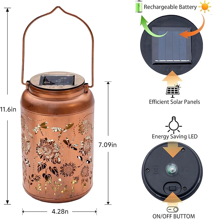 Sunflower Solar Lanterns Outdoor Waterproof Hanging Solar Lights,Birthday Gifts for Women Mom Grandma,Dragonfly Lantern Metal,Garden Decor Decorative Yard,Patio,Lawn,Porch,Deck,Balcony