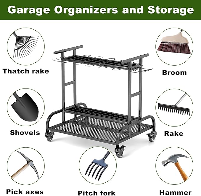 YAGEANNL Garden Tool Organizer with Wheels, Large Capacity Garage Tool Rack with Hooks, for Broom, Shovel, Long Handled Tools, Metal Yard Tool Organizer for Garage, Shed, Outdoor