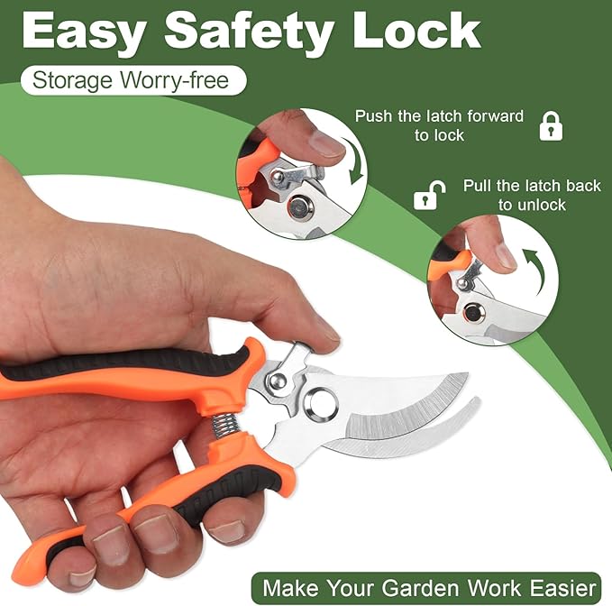 Hungsual Pruning Shear, Premium Gardening Scissors for Rose Bushes, 7.5IN Garden Pruner Effortlessly Cuts 0.6IN Branches with Stainless Steel Blades Softgrip, One-Hand Lock Garden Clippers for Shrubs