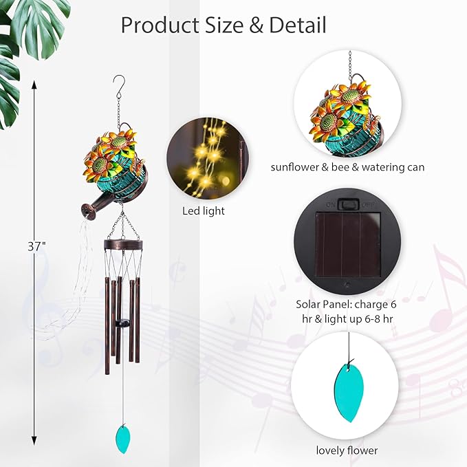 MUMTOP Solar Wind Chimes for Outside - Solar Watering Can Wind Chimes Outdoor Unique with String Warm Light, Glass Windchimes Clearance for Garden, Patio,Yard Decor Gift