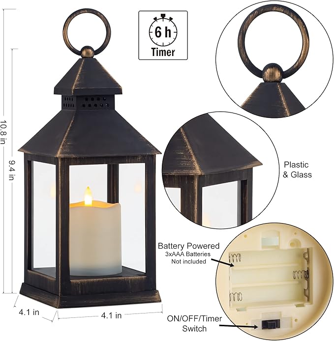 Yongmao Vintage Golden Brushed Black Lantern Decorative LED Flickering Flameless Candle with Timer, Battery Powered LED Decorative Hanging Lanterns for Indoor Outdoor Garden Yard Home Decor(4 Pack)