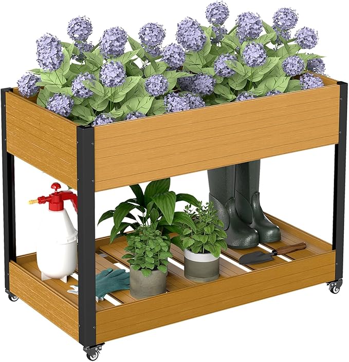 WPC Raised Garden Bed, Waterproof Elevated Planter Box with Legs and Wheels for Outdoor, Standing Patio Planters for Vegetables Flowers Herbs with Drainage Holes, Yellow Teak