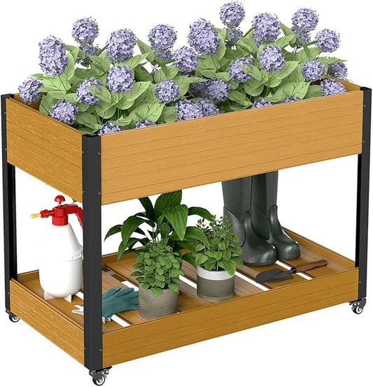 WPC Raised Garden Bed, Waterproof Elevated Planter Box with Legs and Wheels for Outdoor, Standing Patio Planters for Vegetables Flowers Herbs with Drainage Holes, Yellow Teak