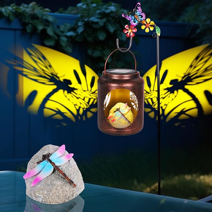 Solar Lanterns Outdoor Waterproof Metal Dragonfly Patterns with Resin Dragonfly Inside Garden Decor Gifts for Women Mom Grandma Hanging Solar Lights Decoration Outside for Yard, Patio, Backyard, Porch