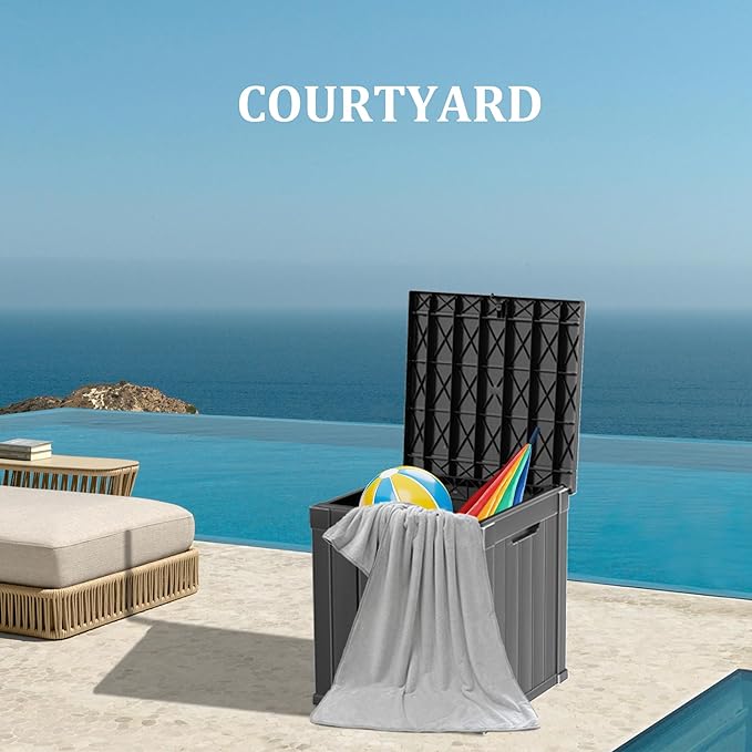 50GAL Deck Box Black,Waterproof Resin Outdoor Storage Box，Garden，Pool Supplies，Patio Furniture