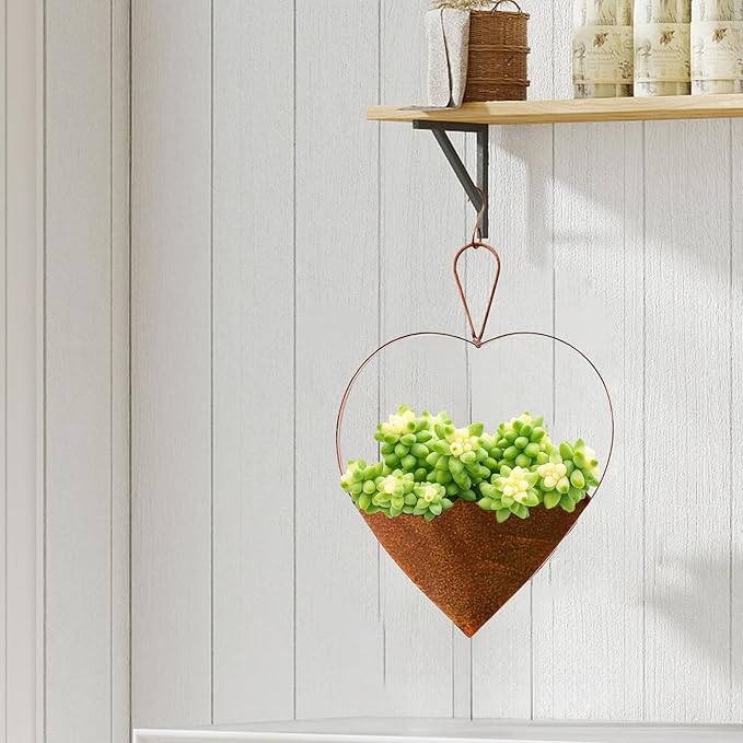Metal Plant Hanger Outdoor & Indoor - Heart-Shaped Rustic Hanging Planter with Hook for Garden, Window, Wall