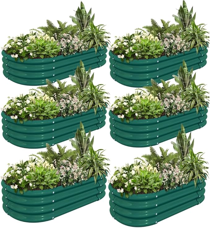 6 Pack 4x2x1FT Galvanized Raised Garden Bed Kit Oval Metal Ground Planter Box Outdoor Bottomless Planter Raised Beds for Vegetables Flowers Herbs Fruits, Green