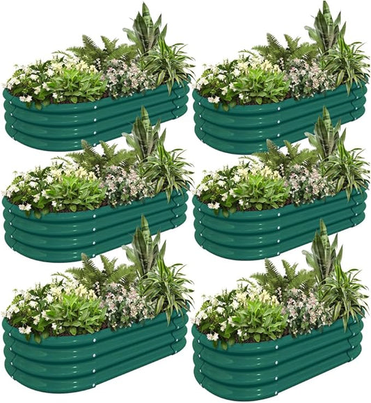 6 Pack 4x2x1FT Galvanized Raised Garden Bed Kit Oval Metal Ground Planter Box Outdoor Bottomless Planter Raised Beds for Vegetables Flowers Herbs Fruits, Green