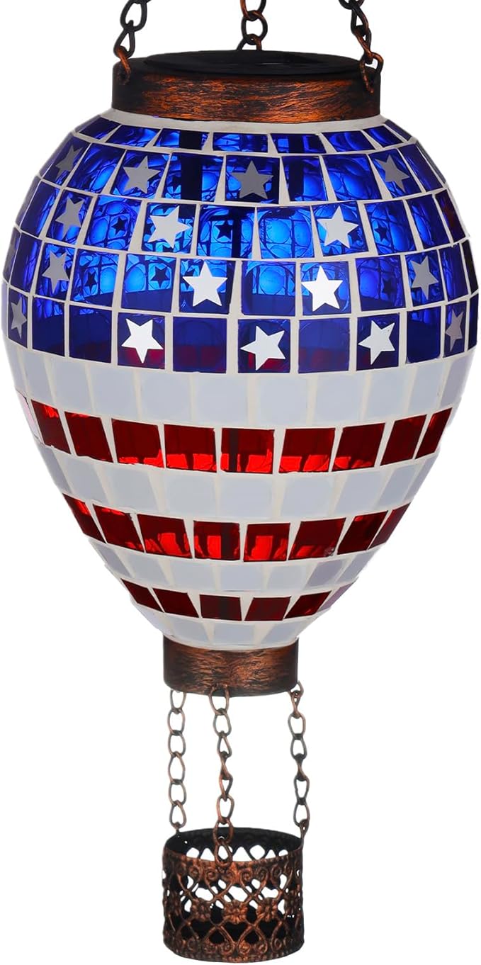 VOREEN American Flag Hot Air Balloon Solar Lantern, Handmade Mosaic Outdoor Hanging Wind Light, IP44 Waterproof, Patio Decorations, Gift for Mom Wife Friend, Patriotic Theme, 4th of July Decor