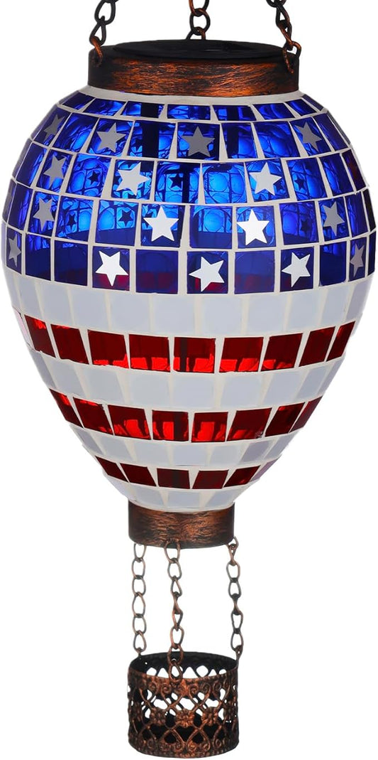VOREEN American Flag Hot Air Balloon Solar Lantern, Handmade Mosaic Outdoor Hanging Wind Light, IP44 Waterproof, Patio Decorations, Gift for Mom Wife Friend, Patriotic Theme, 4th of July Decor