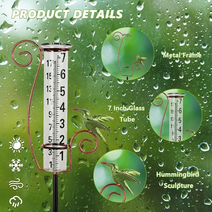Rain Gauge Outdoor,Hummingbird Rain Gauges,Glass Decorative Rain Guage with Metal Stake for Garden Yard Lawn Decor