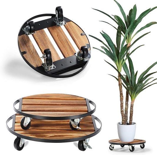2 Pack Plant Caddy with Wheels,14" + 12" Rolling Plant Stand 264 LB Heavy Duty, Iron and Wood Round Plant Dolly with Metal 360° Lockable Wheels for Outdoor Indoor Large Plant Pots, Patio, Flower Pot