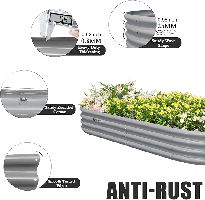 6 Pack 8x4x1FT Galvanized Raised Garden Bed Kit Oval Metal Ground Planter Box Outdoor Bottomless Planter Raised Beds for Vegetables Flowers Herbs Fruits, Gray