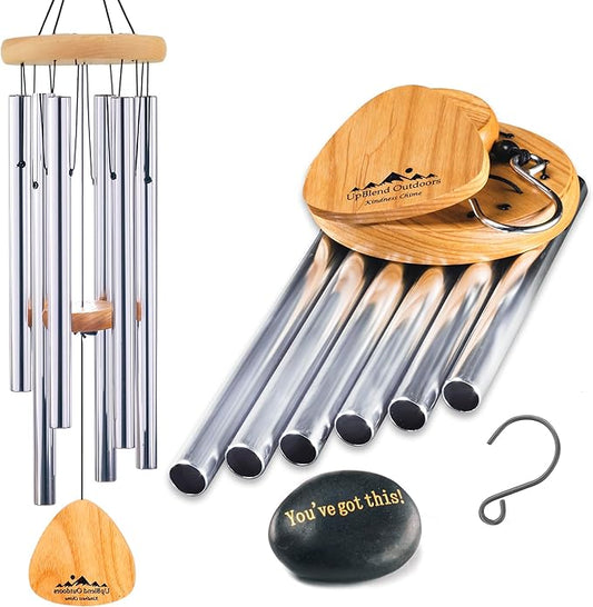 UpBlend Wind Chimes for Outside Gift – Deep Tone Wind Chime with Decorative Stone – Garden and Patio Décor for Porch or Yard, Elegant Outdoor Ornament, Meaningful Gift for Neighbors. 29” Silver.